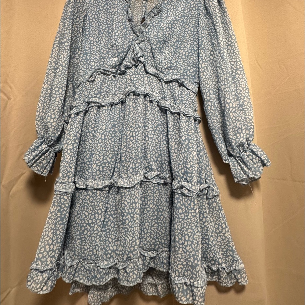 Blue Ruffled Mini Sundress with Bishop Sleeves